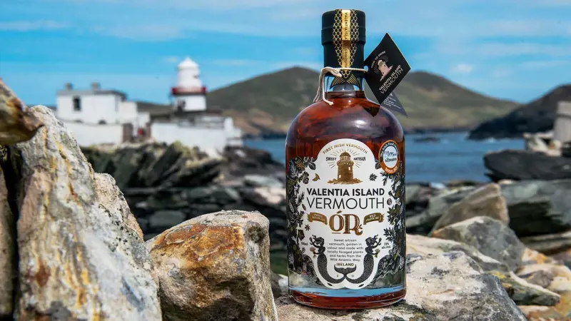 Valentia Island Vermouth sitting on some rocks beside the sea, with a lighthouse visible in the background