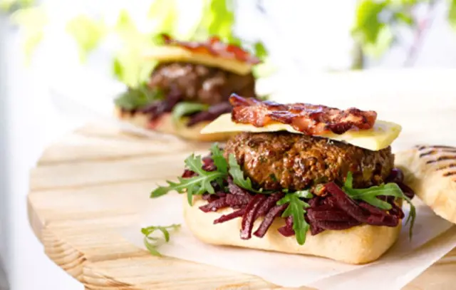 Beef Burgers with Bacon, Farmhouse Cheese and Beetroot Relish