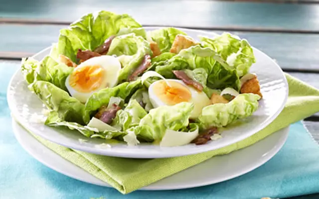 Caesar Salad with Soft Boiled Eggs and Bacon