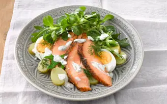 Hot-smoked Salmon, Egg and Potato Salad with Sour Cream Dressing
