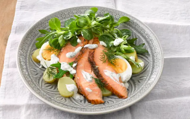 Hot-smoked Salmon, Egg and Potato Salad with Sour Cream Dressing