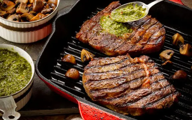 Ribeye Steaks with Chimichurri Sauce and Garlic Potatoes