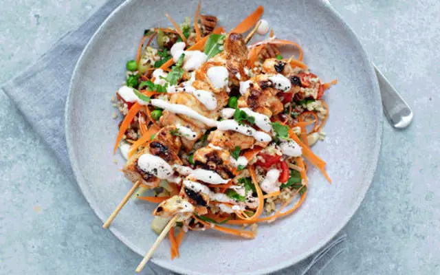 Sriracha Chicken Kebabs with a Crunchy Salad