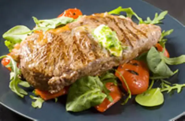 Steak with Herby Butter, Grilled Red Peppers and Salad