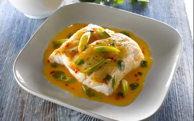 Asian Style Hake with Sweet Chilli, Scallion, Coriander and Lime Butter Sauce