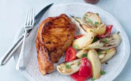 Oven Baked Pork Chops with Potatoes, Fennel and Red Peppers