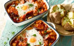 Sausages Baked with Beans and Eggs