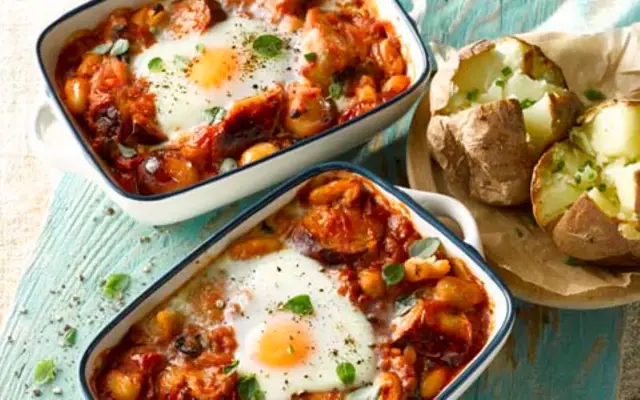 Sausages Baked with Beans and Eggs