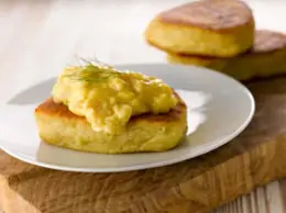 Scrambled Eggs on Potato Cakes