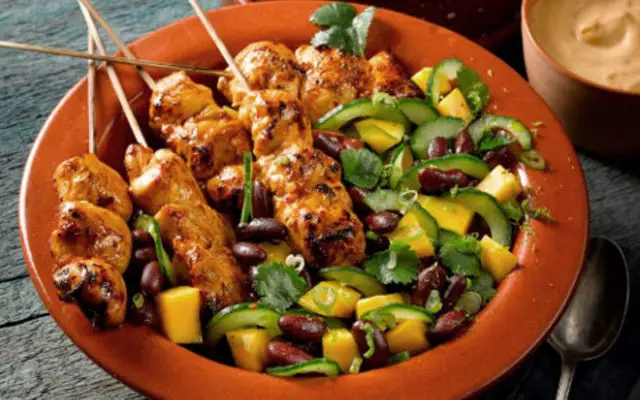 Spicy Chicken Kebabs with Mango Salad and Chilli Mayonnaise