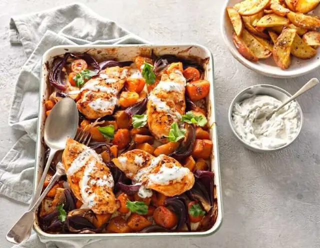 Sriracha Chicken Traybake with Yogurt Dressing
