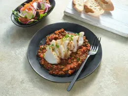Monkfish with Puy Lentils, Tomato and Ginger Sauce 
