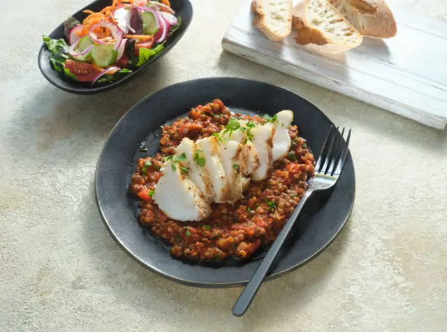 Monkfish with Puy Lentils, Tomato and Ginger Sauce 