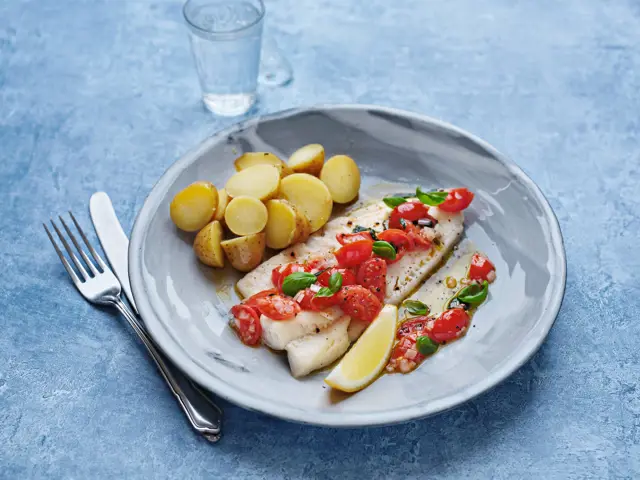 Grilled Whiting with Warm Cherry Tomato and Basil Dressing