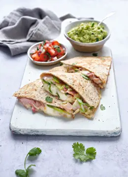 Ham and Cheese Quesadillas with Tomato Salsa and Avocado Mash