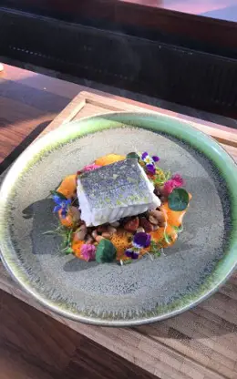 Neven's Steamed Hake with Chorizo Cassoulet and Red Pepper Sauce