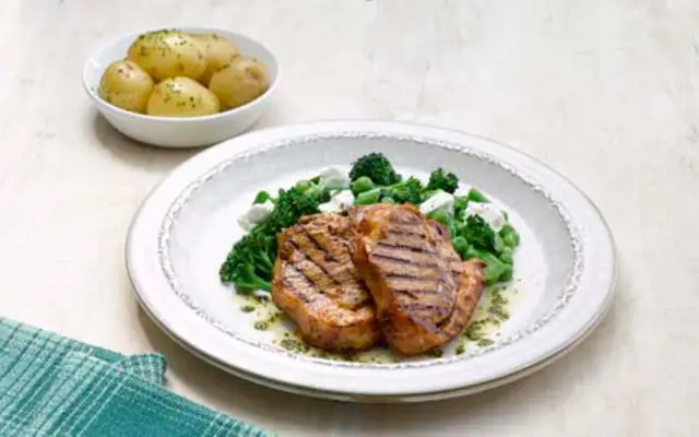 Spiced Lamb Chops with Broccoli, Pea and Goats' Cheese Salad