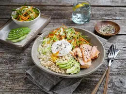 Rice Bowls with Trout and Poached Eggs