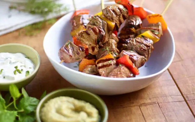 Lamb Kebabs with Easy Aubergine Caviar and Yoghurt and Mint Sauce